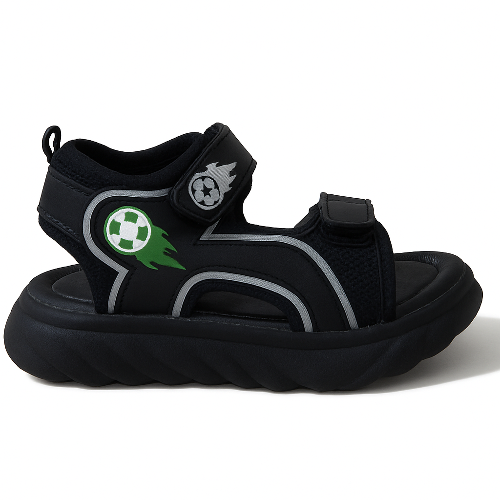 Kids Black Sporty Sandals with Green Football Design – Durable & Trendy