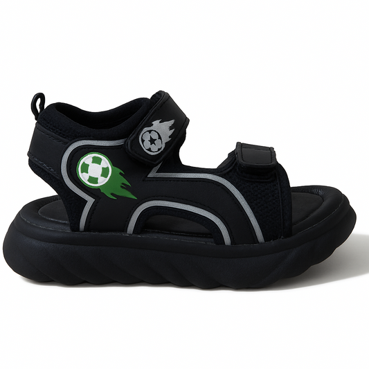 Kids Black Sporty Sandals with Green Football Design – Durable & Trendy